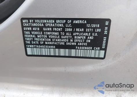 2016 Volkswagen Passat 1.8T Se z USA, uszkodzony, nr VIN 1VWBT7A34GC024650